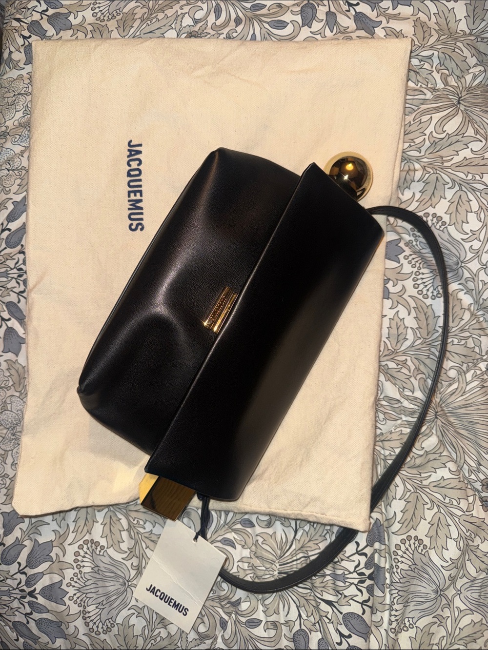 Jacquemus Black Leather Shoulder Bag with Gold Ball Accent